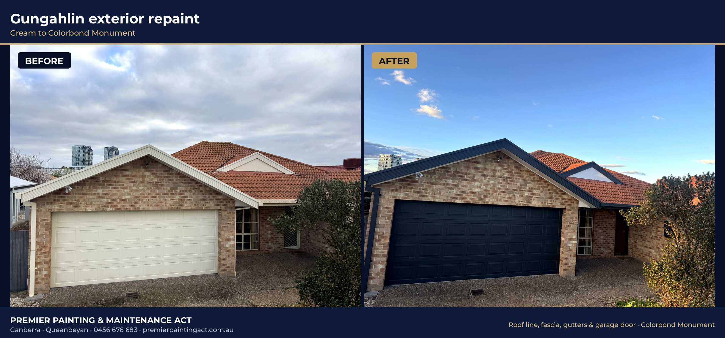 Before and after: Gungahlin home front elevation repainted from cream to Colorbond Monument