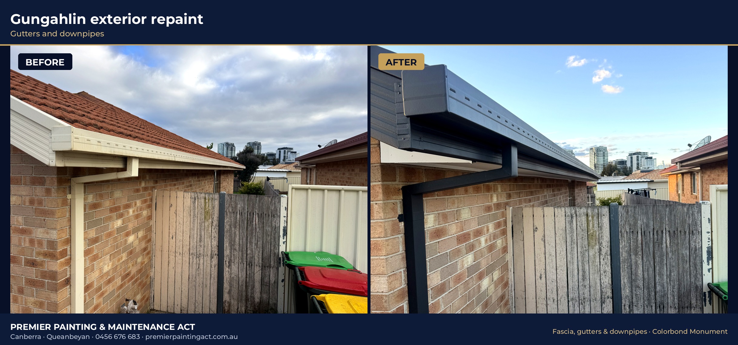 Before and after: gutters, fascia and downpipes repainted in Colorbond Monument